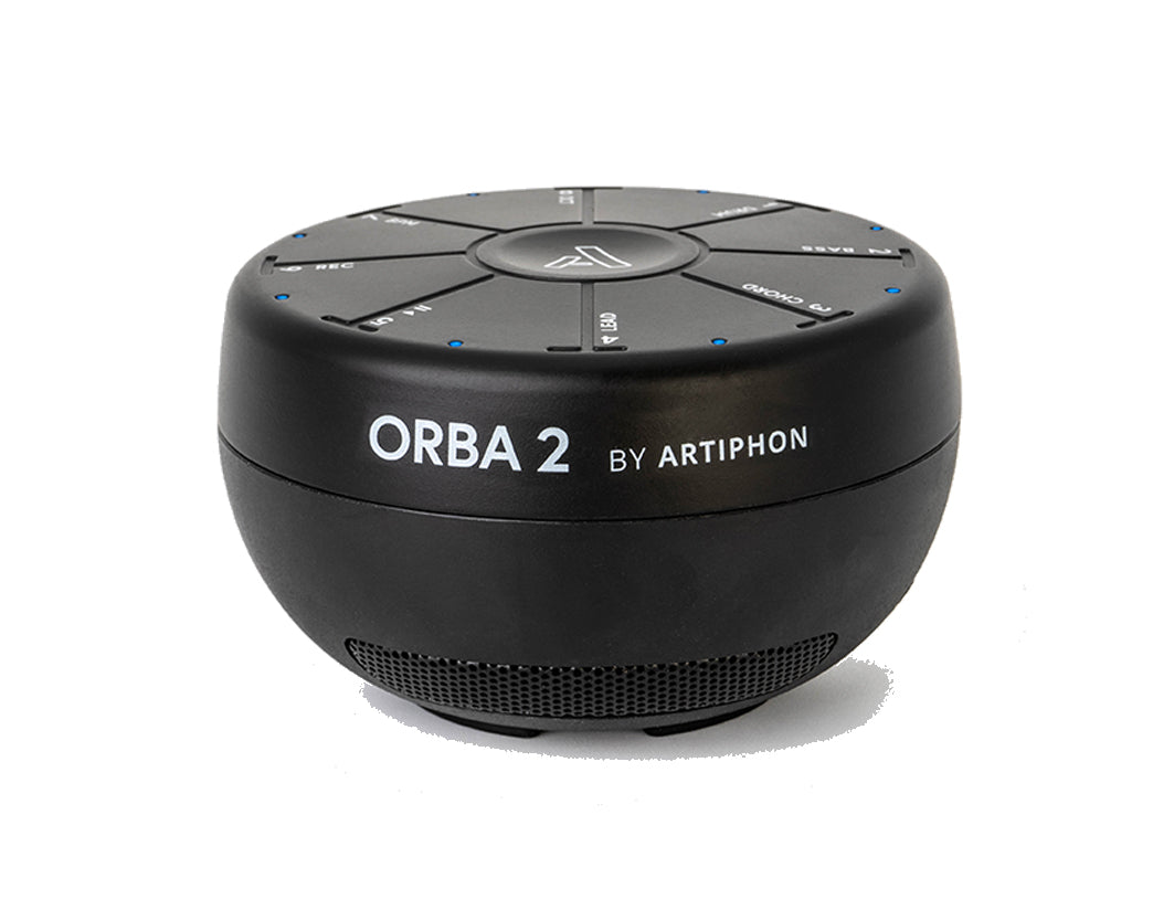 Side view of black Orba 2 by Artiphon with logo.
