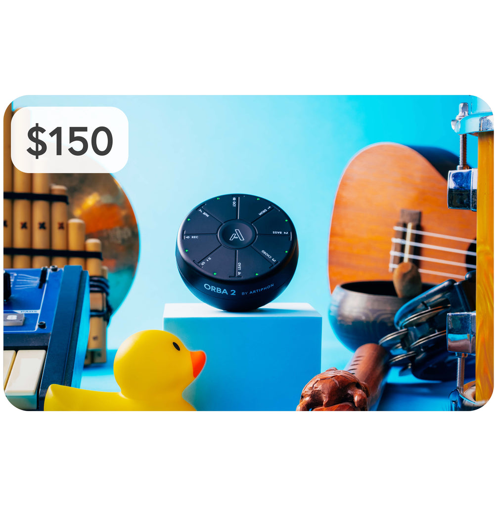 Image of a $150 gift card. The card features a variety of fun instruments in the background, and Orba 2 in the foreground.