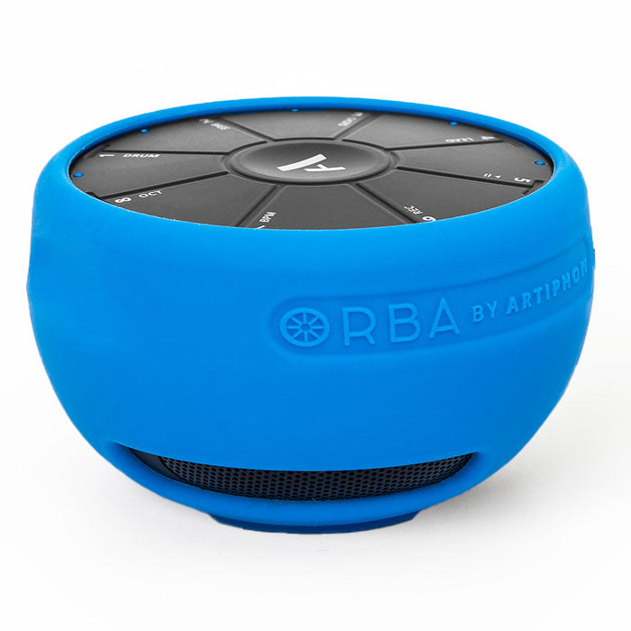 Orba by Artiphon, showing the front view with a blue silicone sleeve.